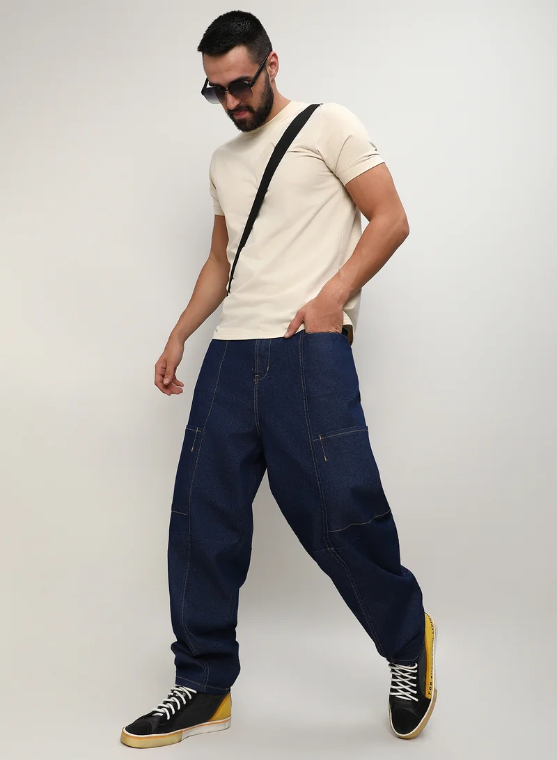 Campus Sutra  Men's Navy Blue Baggy Cargo Denim Jeans For Everyday Wear | Dark-Wash |  Button Closure | Oversized Fit | Denim Jeans Crafted With Comfort Fit For Everyday Wear for Men | Best Price UAE
